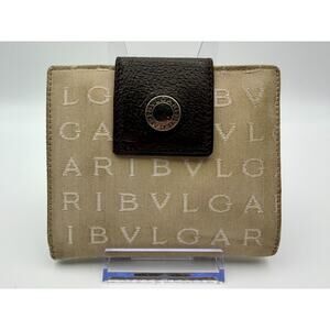 BVLGARI Logo Canvas Bifold Men Wallet Snap Closure Brown Beige Italy Bulgari COA